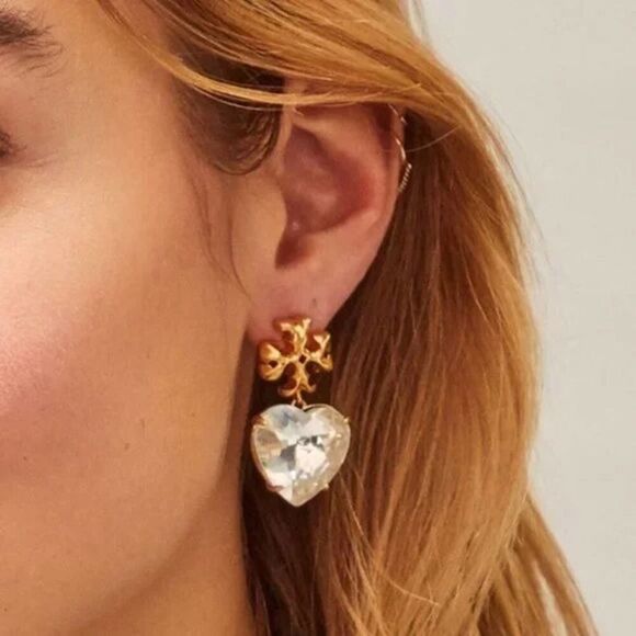 New Tory Burch Roxanne Gold,Pink Crystal Heart Earirng - Picture 8 of 9